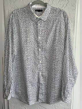 H&M White Slim Fit Shirt with Black & Blue Micro Floral Print